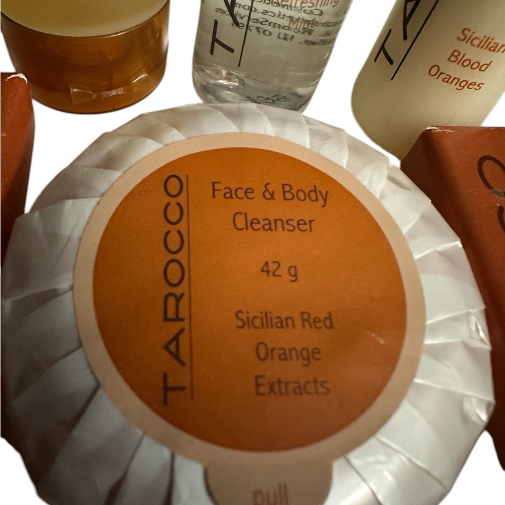 6 Piece Tarocco face & body travel Shampoo Moisturizer soaps & Dental Rinse New - Picture 4 of 5